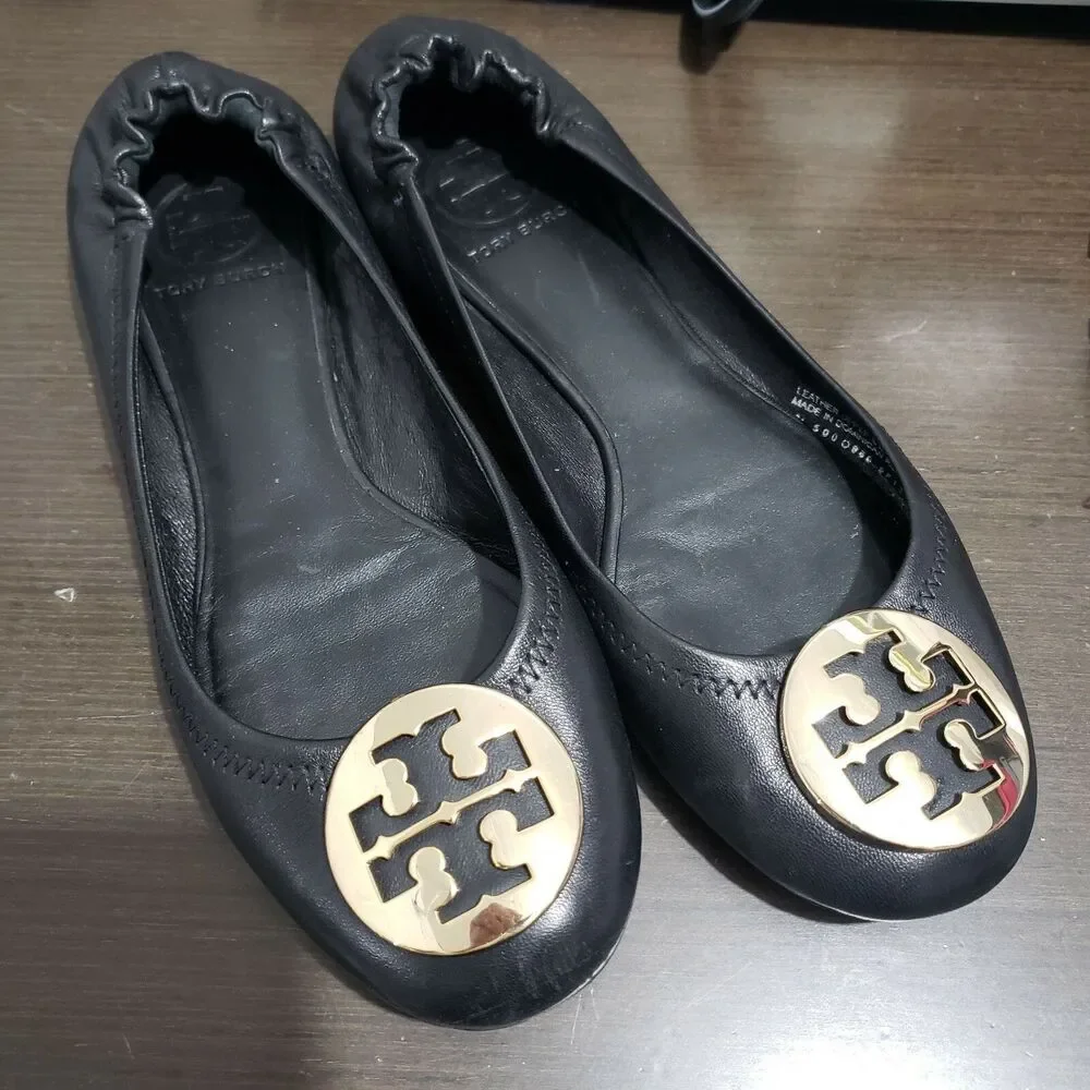Tory Burch Black Flat Shoes Gold Logo 8M